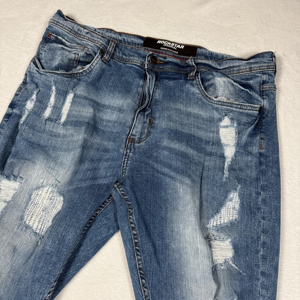Rockstar Original Jeans Mens 40x35 Blue Distressed Ripped Straight Raw Hem Denim